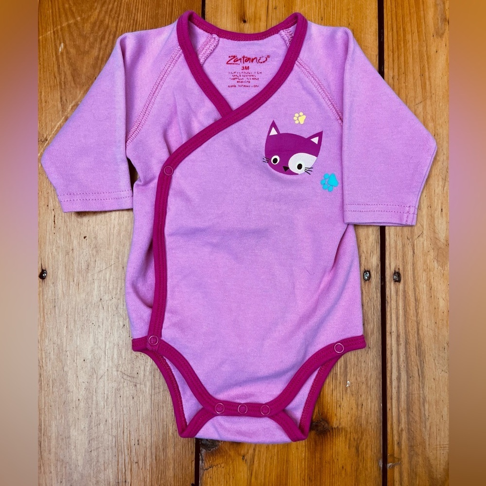 ZUTANO Infant Girls 3mo Kimono Bodysuit Onesie Long Sleeve Cat Paw Prints Pink